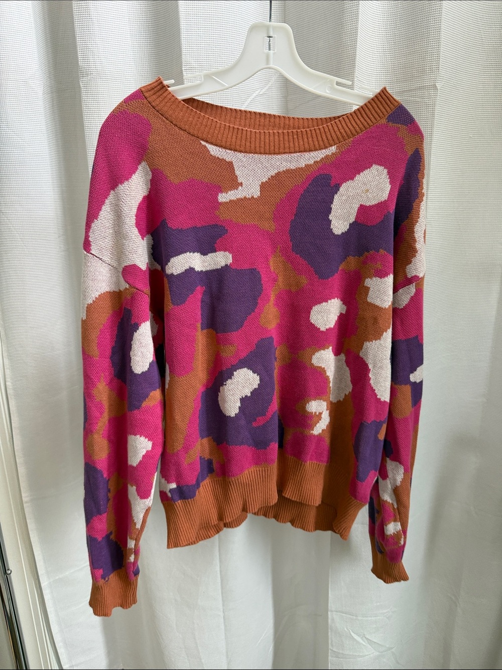 Fate Off-the-Shoulder Pink, Purple & Rust Patterned Sweater